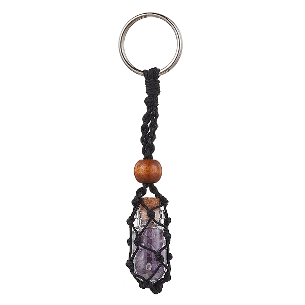 

PandaHall Natural Amethyst Wishing Bottle Keychain, Nylon Cord Macrame Pouch Stone Holder, with Iron Split Key Rings and Wood Bead, 10.5cm...