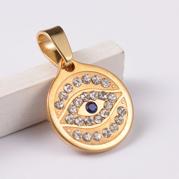 

PandaHall Flat Round with Eye 304 Stainless Steel Rhinestone Pendants, Golden, 17x15x2mm, Hole: 4x7mm Stainless Steel+Rhinestone Flat Round..., Multicolor