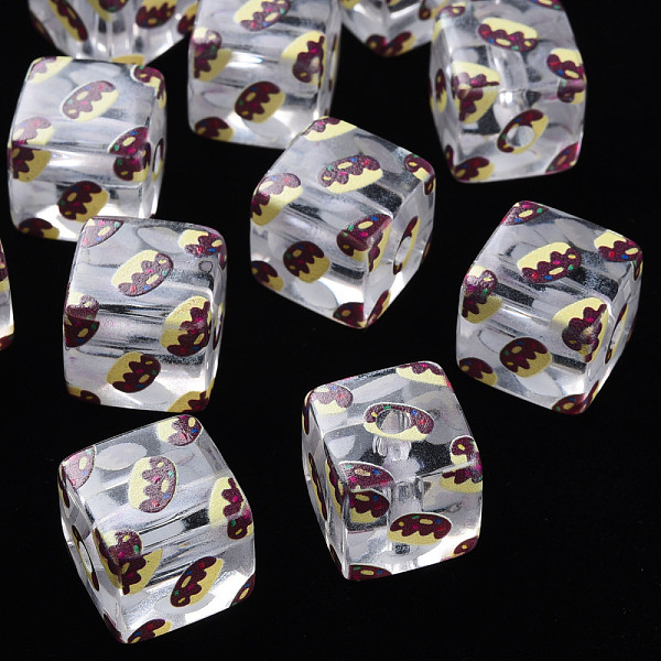 PandaHall Transparent Printed Acrylic Beads, Square with Cake Pattern, Coconut Brown, 16x16x16mm, Hole: 3mm Acrylic Food