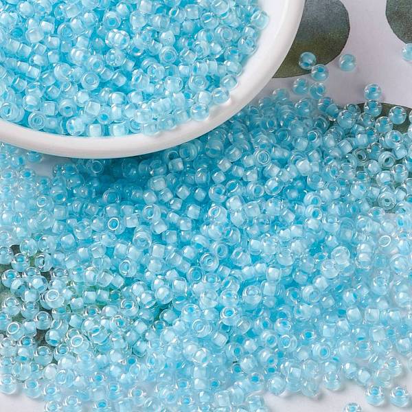 

PandaHall MIYUKI Round Rocailles Beads, Japanese Seed Beads, 8/0, (RR220) Aqua Mist Lined Crystal, 8/0, 3mm, Hole: 1mm, about..., Cyan
