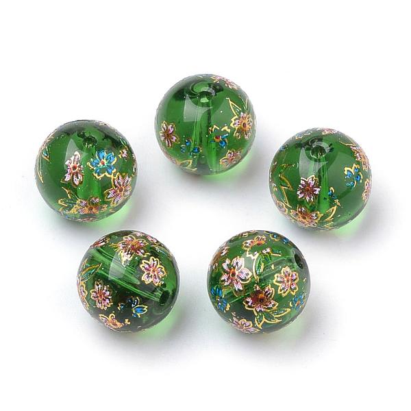 

PandaHall Printed Glass Beads, Round with Flower Pattern, Green, 10x9mm, Hole: 1.5mm Glass Flower Green