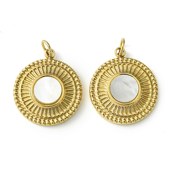 

PandaHall Ion Plating(IP) 304 Stainless Steel Pave Shell Pendants, Flat Round Charms with Jump Rings, Real 14K Gold Plated, 17x15x2.5mm...