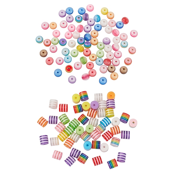 

PandaHall 200Pcs 2 Style Transparent Stripe Resin Beads, Round & Column, Mixed Color, 100pcs/style Resin Mixed Shapes Multicolor