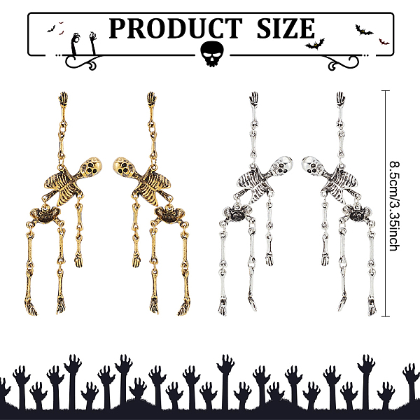

PandaHall FIBLOOM 2 Pairs 2 Colors Alloy Skeleton Skull Dangle Stud Earrings for Halloween, Mixed Color, 78.5mm, Pin: 0.8mm, 1 Pair/color...