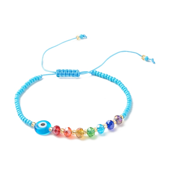

PandaHall Flat Round Evil Eye Lampwork Braided Bead Bracelet, Glass Seed Beads Adjustable Bracelet for Women, Deep Sky Blue, Inner Diameter...