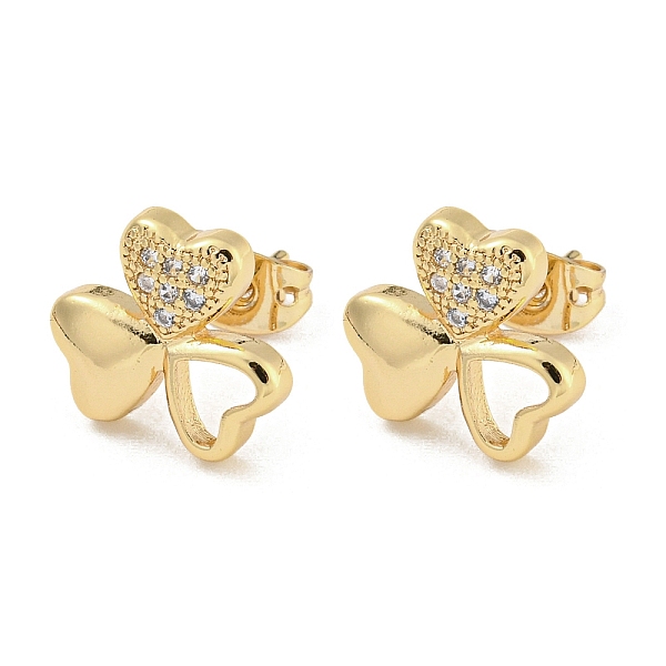 

PandaHall Brass Micro Pave Cubic Zirconia Ear Studs, Real 18K Gold Plated, Clover, 11.5x13mm Brass Clover Clear