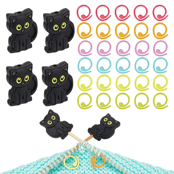 

PandaHall 4 Pcs Knitting Needle Stoppers, 30 Pcs Knitting Stitch Marker Rings Cat Needle Point Protectors with a Storage Box Knitting..., Multicolor