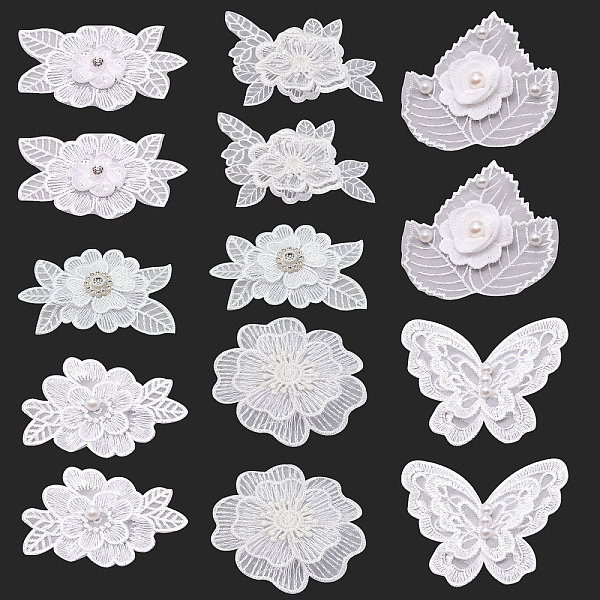 PandaHall Gorgecraft 14Pcs 7 Style Lace Embroidery Costume Accessories, Applique Patch, Flower & Leaf & Butterfly with Crystal Rhinestone...
