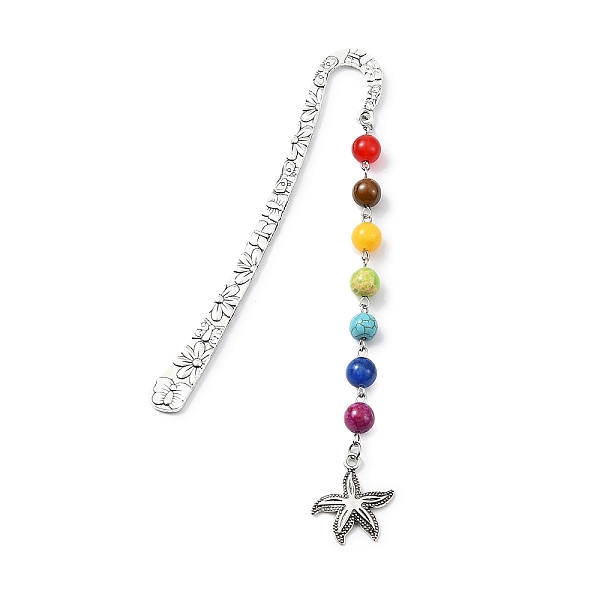 

PandaHall Marine Theme Alloy Hook Bookmarks, Mixed Chakra Gemstone Round Beaded Pendant Bookmark, Starfish, 144x21mm Mixed Stone Starfish