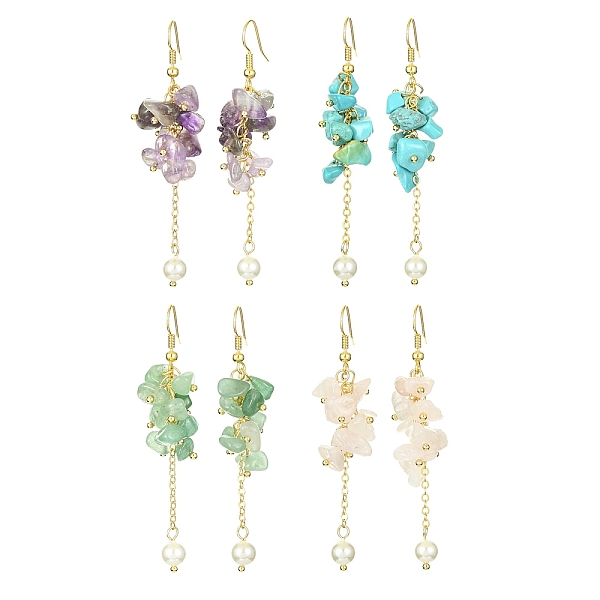 

PandaHall 4Pairs 4 Styles Natural & Synthetic Mixed Gemstone Chips & Shell Pearl Dangle Earrings, Cluster Earrings, 68~69.5mm, 1 Pair/style...