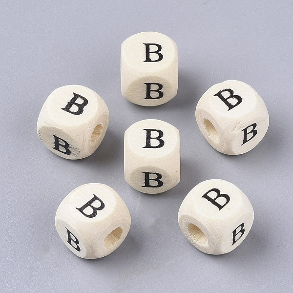 

PandaHall Printed Natural Wood Beads, Horizontal Hole, Cube with Initial Letter, PapayaWhip, Letter.B, 10x10x10mm, Hole: 3.5mm, about..., Orange