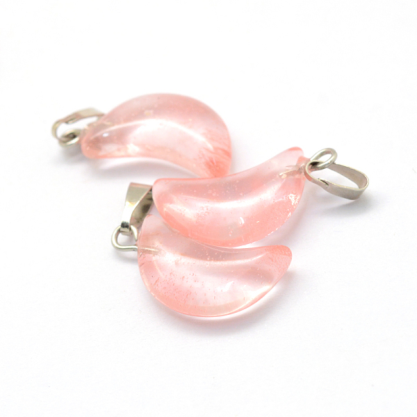 

PandaHall Moon Cherry Quartz Glass Pendants, with Platinum Tone Brass Findings, 21~24x12~14x5~6mm, Hole: 2x7mm Cherry Quartz Glass Moon