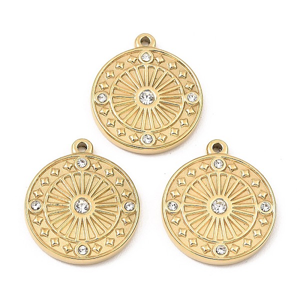 

PandaHall Ion Plating(IP) 316 Stainless Steel with Rhinestone Pendants, Flat Round Charm, Real 24K Gold Plated, 21.5x19x2.5mm, Hole: 1.2mm...
