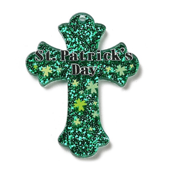 

PandaHall Saint Patrick's Day Theme Acrylic Pendants, with Glitter Powder, Cross, 39x30x2mm, Hole: 1.6mm Acrylic Cross Green