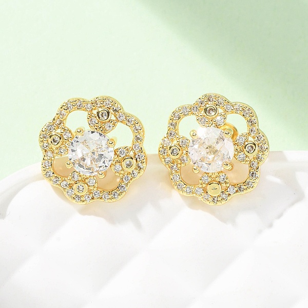 Boucles d'oreilles puces en laiton serties de micro-pavés de zirconiums cubiques en forme de fleur pour femmes