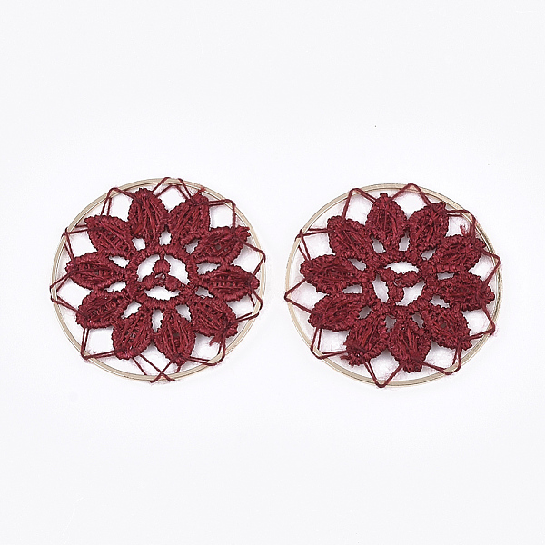 

PandaHall Polycotton(Polyester Cotton) Woven Pendant Decorations, with Brass Findings, Flat Round with Flower, Light Gold, Dark Red, 35x1mm...