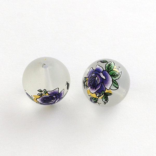 

PandaHall Flower Picture Frosted Transparent Glass Round Beads, Mauve, 14x13mm, Hole: 1.5mm Glass Round Purple