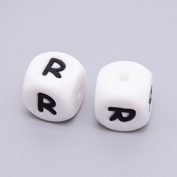 

PandaHall Silicone Beads, Cube with Letter.R, White, 12x12x12mm, Hole: 2mm Silicone Cube White