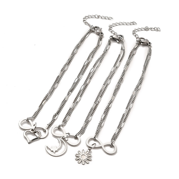 

PandaHall 304 Stainless Steel Charm Anklet, Curb Chains Double Layered Anklet for Women, Mixed Patterns, Pendant: 11~15x11x0.5~1mm, 8-1/4...