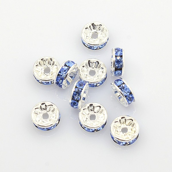

PandaHall Brass Rhinestone Spacer Beads, Grade A, Silver Color Plated, Rondelle, Light Blue, Size: about 8mm in diameter, 3.5mm thick, hole...