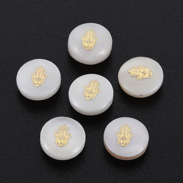 

PandaHall Natural Freshwater Shell Beads, with Golden Plated Brass Metal Embellishments, Flat Round with Hand, Seashell Color, 8x3.5mm, Hole...