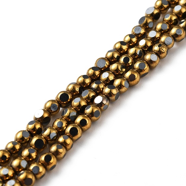 PandaHall Vacuum Plating Non-magnetic Synthetic Hematite Beads Strands, Faceted, Round, Golden Plated, 3.5~4x4x3.5~4mm, Hole: 0.8mm, about...