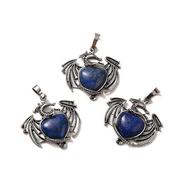 

PandaHall Natural Lapis Lazuli Dyed Heart Pendants, Dragon Charms, with Rack Plating Antique Silver Plated Brass Findings, Lead Free &...