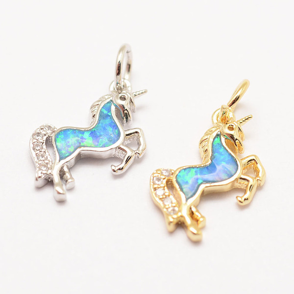 PandaHall Brass Micro Pave Grade AAA Cubic Zirconia Pendants, with Synthetic Opal, Long-Lasting Plated, Unicorn, Cadmium Free & Nickel Free...