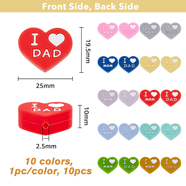 

PandaHall SUPERFINDINGS 10Pcs 10 Colors Heart Focal Silicone Beads with Word Dad and Mom Flat Round Mama Focal Beads Assorted Silicone Beads..., Multicolor