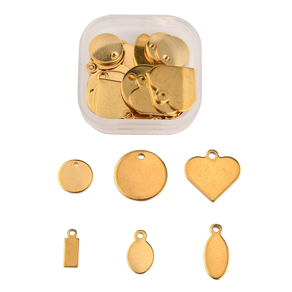 

PandaHall 30Pcs 6 Style Ion Plating(IP) 304 Stainless Steel Charms, Stamping Blank Tag, Flat Round & Heart & Rectangle & Oval, Golden...