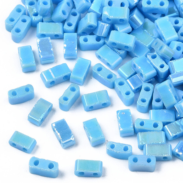 

PandaHall 2-Hole Opaque Glass Seed Beads, AB Colours, Rectangle, Deep Sky Blue, 4.5~5.5x2~2.5x2mm, Hole: 0.5~0.8mm Glass Rectangle