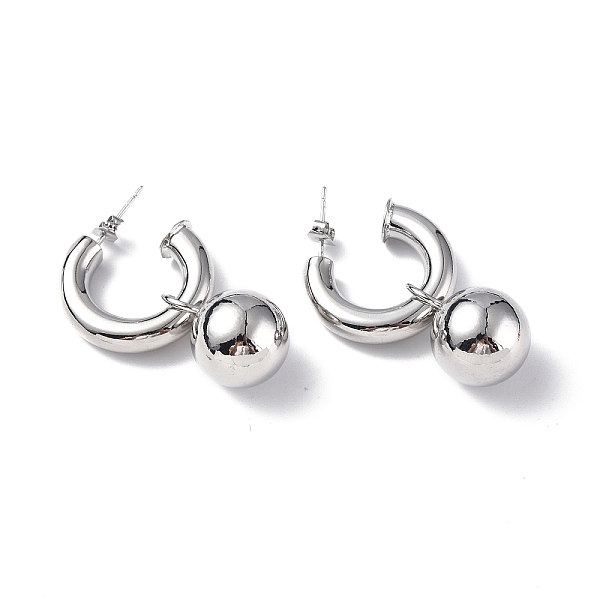 

PandaHall Brass Ring with Ball Dangle Stud Earrings, Brass Half Hoop Earrings for Women, Platinum, 35mm, Pin: 0.8mm Brass Round