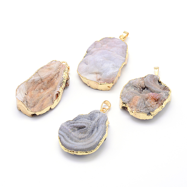 

PandaHall Natural Drusy Agate Nuggets Pendants, with Golden Plated Brass Finding, 40~50x25~32x8~17mm, Hole: 8x5mm Natural Agate Nuggets