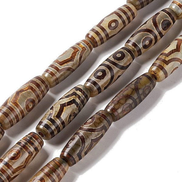 

PandaHall Tibetan Style dZi Beads Strands, Natural & Dyed Agate Beads, Rice, 3-Eye, 28.5~30x10mm, Hole: 2.5mm, about 10pcs/strand, 11.81''...