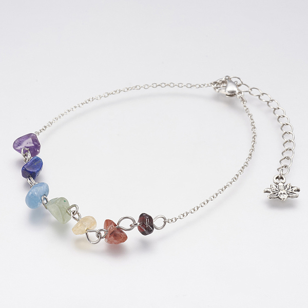 

PandaHall Chakra Jewelry, Natural Gemstone Chip Anklets, with Brass Chains and Lobster Claw Clasps, 9 inch(230mm) Mixed Stone Multicolor