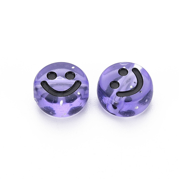 

PandaHall Transparent Acrylic Beads, with Glitter Powder, Flat Round with Black Enamel Smile Face, Medium Slate Blue, 10x5mm, Hole: 2mm...