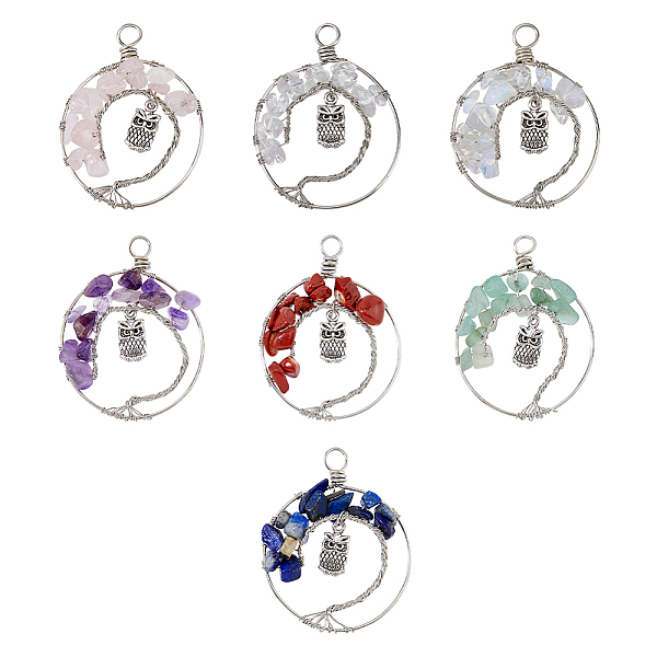 

PandaHall SUPERFINDINGS 7Pcs 7 Styles Owl Alloy Chip Beads Copper Wire Wrapped Pendant Sets, Tree of Life Charm, Including Gems and Glass...