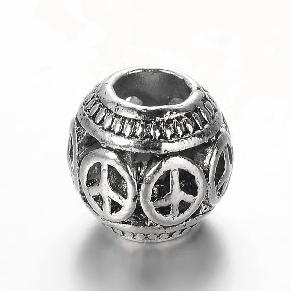 

PandaHall Tibetan Style Alloy European Beads, Large Hole Rondelle with Peace Sign Beads, Antique Silver, 11x10mm, Hole: 5mm Alloy Rondelle