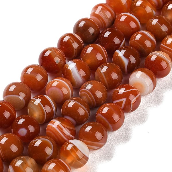 

PandaHall Natural Striped Agate/Banded Agate Beads Strands, Dyed, Round, Coral, 10mm, Hole: 1.2mm, about 19pcs/strand, 7.60''(19.3cm) Banded..., Red
