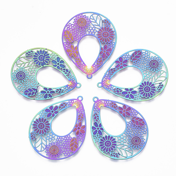 

PandaHall Ion Plating(IP) 304 Stainless Steel Filigree Pendants, Etched Metal Embellishments, teardrop, with Flower, Rainbow Color...