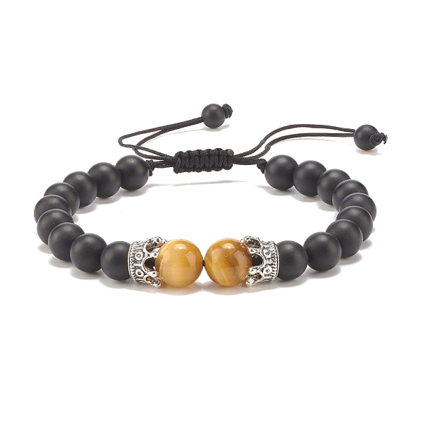 

PandaHall Natural Frosted Black Agate(Dyed) & Tiger Eye Braided Bead Bracelet with Alloy Crown, Gemstone Jewelry for Women, Gold, Inner...