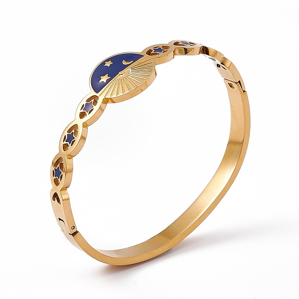 

PandaHall Blue Enamel Sun & Moon & Star Hinged Bangle, Ion Plating(IP) 304 Stainless Steel Jewelry for Women, Golden, Inner Diameter: 2-3/8...