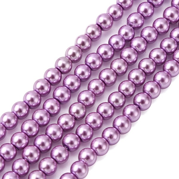

PandaHall Grade A Glass Pearl Beads, Pearlized, Round, Medium Purple, 4mm, Hole: 0.7~1.1mm, about 100pcs/Strand, 16''(40.64cm) Glass Round