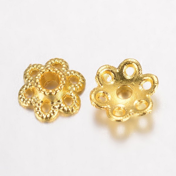 

PandaHall Alloy Fancy Bead Caps, Hollow 6-Petal Flower, Golden, 6.5x2mm, Hole: 1mm Alloy