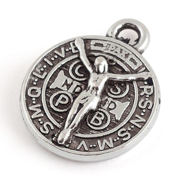 

PandaHall Tibetan Style Alloy Pendants, Flat Round with Saint Benedict, Cadmium Free & Lead Free, Antique Silver, 17x14x3mm, Hole: 2mm...