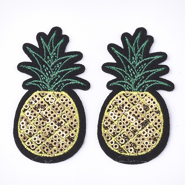 PandaHall Computerized Embroidery Cloth Iron On Patches, with Paillette, Costume Accessories, Appliques, Pineapple, Goldenrod, 74x38x1.5mm...