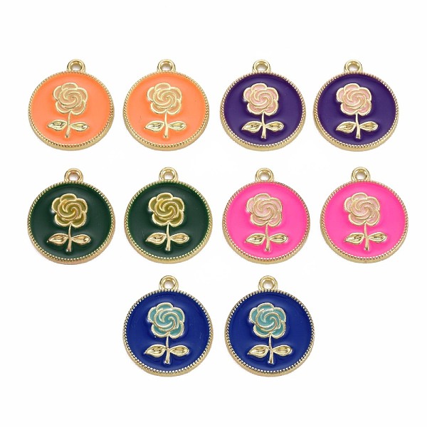 

PandaHall Rack Plating Alloy Pendants, with Enamel, Cadmium Free & Lead Free, Flat Round with Rose, Light Gold, Mixed Color, 20.5x18x2mm..., Multicolor