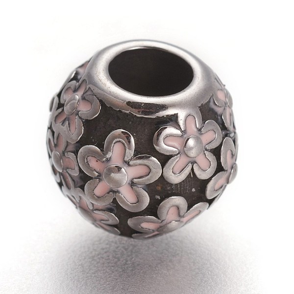 

PandaHall Retro 304 Stainless Steel European Beads, with Enamel, Large Hole Beads, Round with Flower, Antique Silver, Pink, 10mm, Hole...