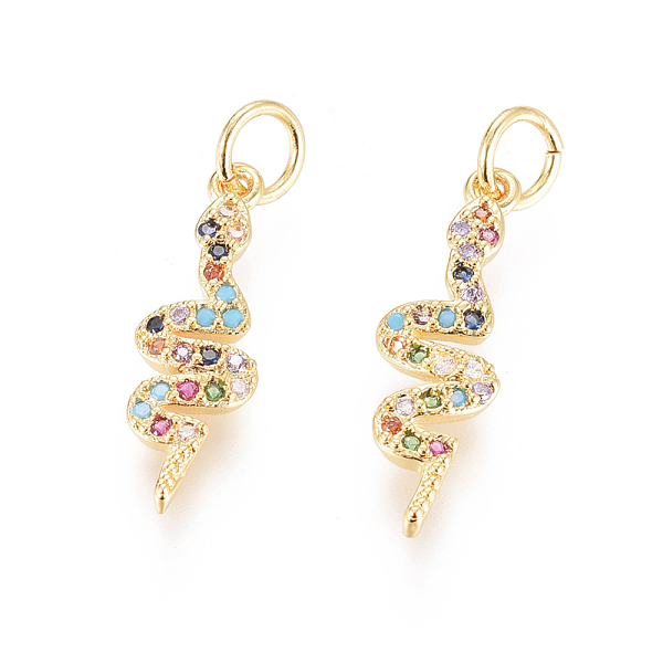 

PandaHall Brass Micro Pave Cubic Zirconia Pendants, with Jump Rings, Long-Lasting Plated, Snake, Colorful, Golden, 18x6x2mm, Hole: 3mm...