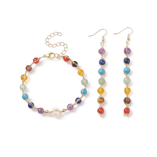 

PandaHall Natural & Synthetic Mixed Stone & Pearl Beaded Dangle Earrings & Bracelet, Brass Wire Wrap Jewelry for Women, 182mm, 95mm, Pin...
